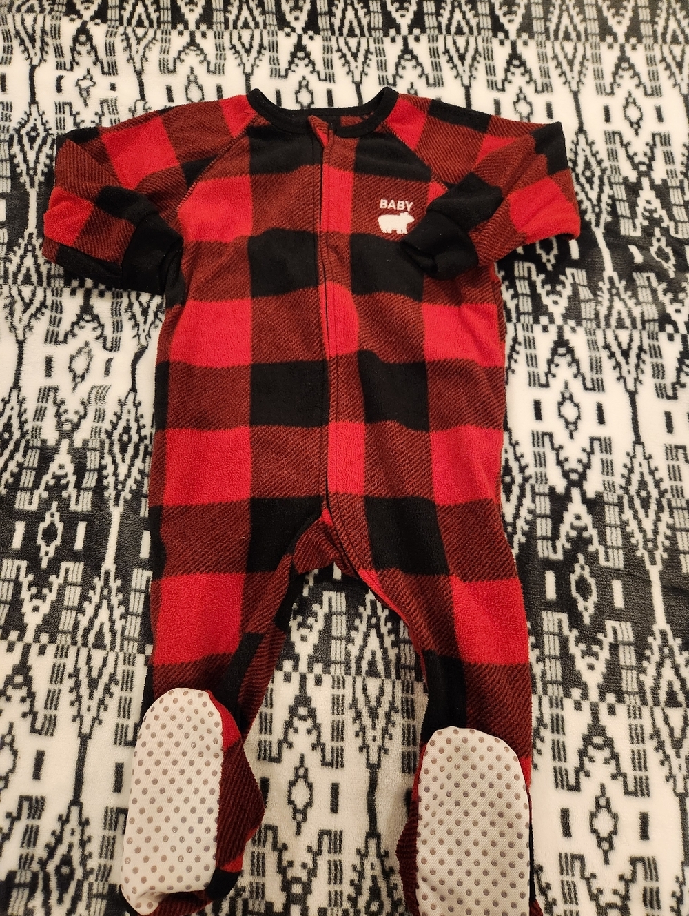 The Chikdren's Place Red & Black Buffalo Plaid Baby Footed One-Piece, Size 18-24